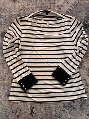 Ann Taylor Striped Long Sleeve Top in White & Black Size XL